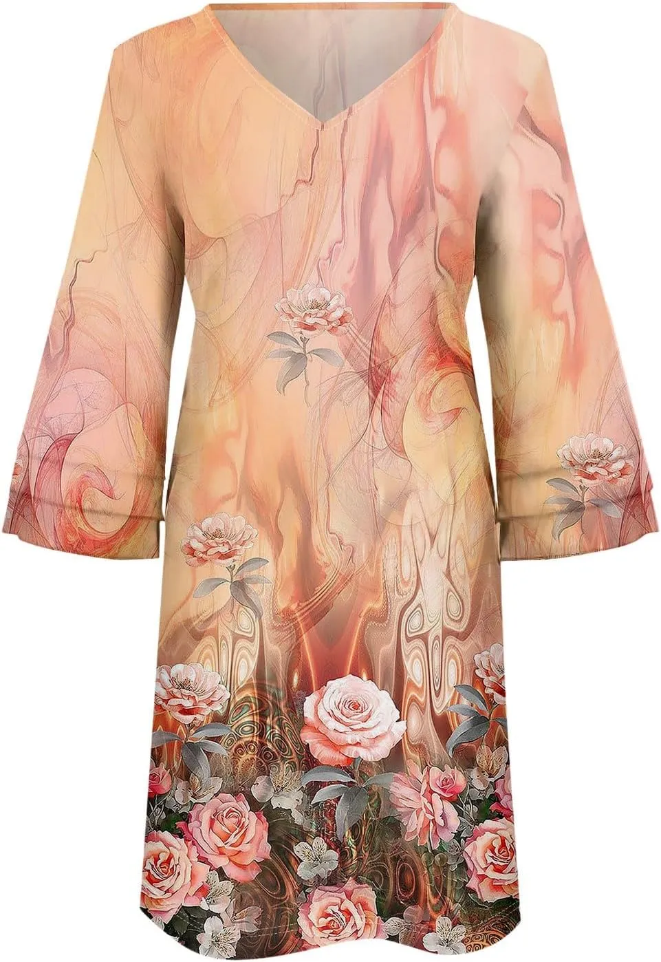 Beach Dresses for Women,2025 Summer Trendy Floral Print Boho Dress,Casual Loose V Neck Bell 3/4 Sleeve Mini Dress
