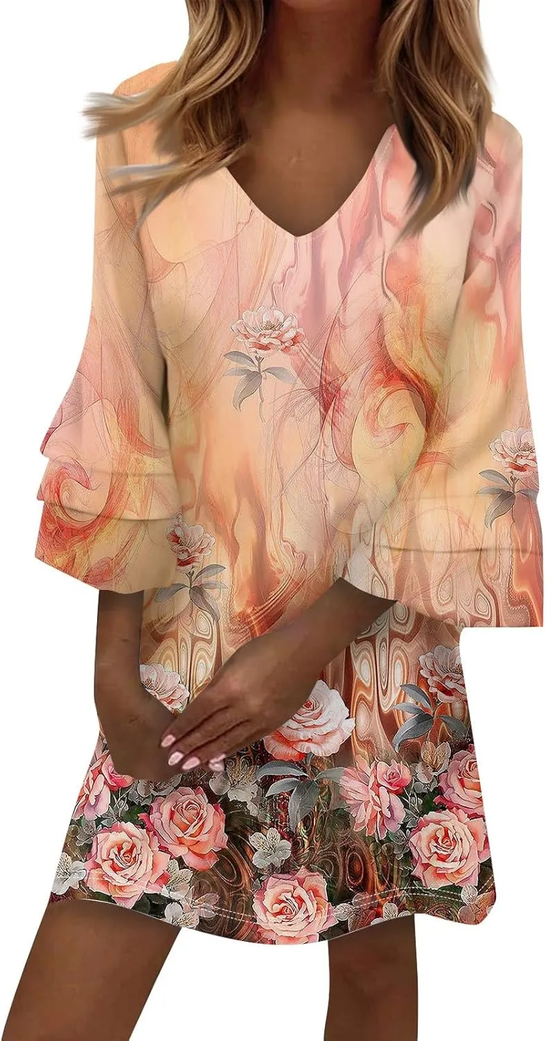Beach Dresses for Women,2025 Summer Trendy Floral Print Boho Dress,Casual Loose V Neck Bell 3/4 Sleeve Mini Dress