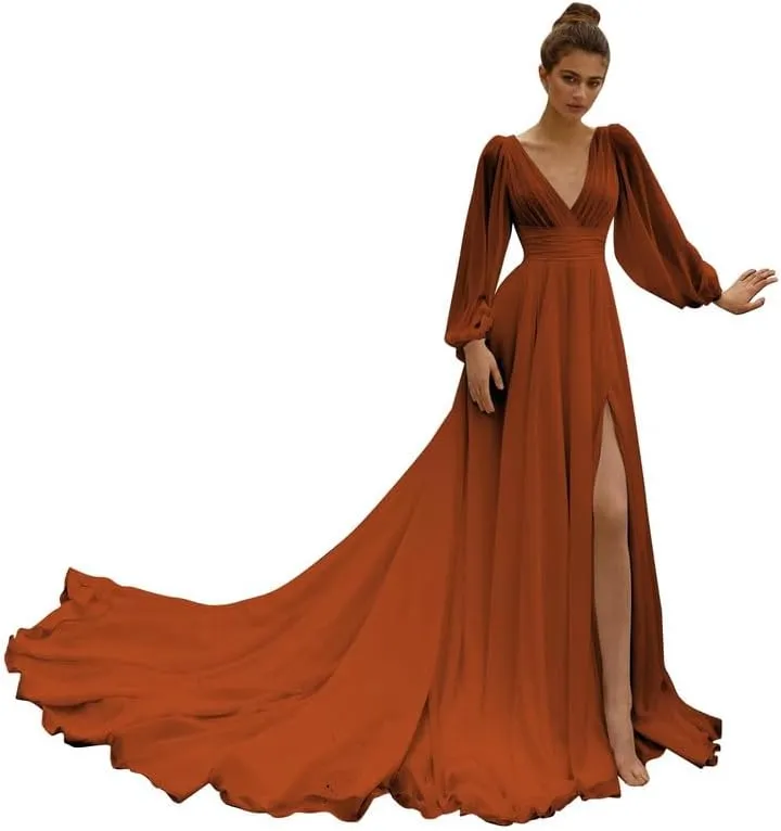 Beach Wedding Dress with Slit for Bride Chiffon Prom Dress Pleated Long Sleeves Evening Party Gowns BU082