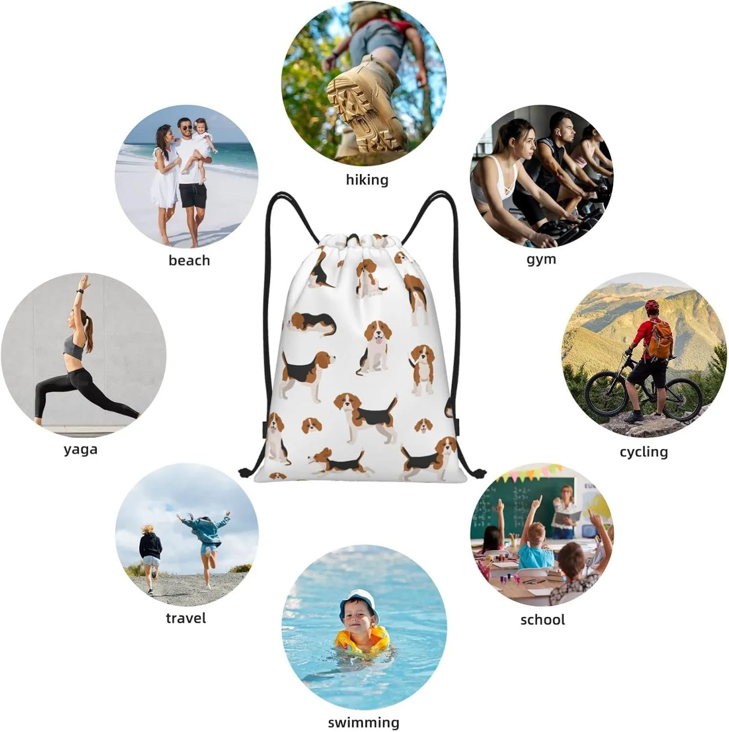 Beagle Dog Drawstring Backpack Gym Bag Water Resistant Lightweight Sackpack Gift for Hiking Yoga Swimming Travel Beach Shopping