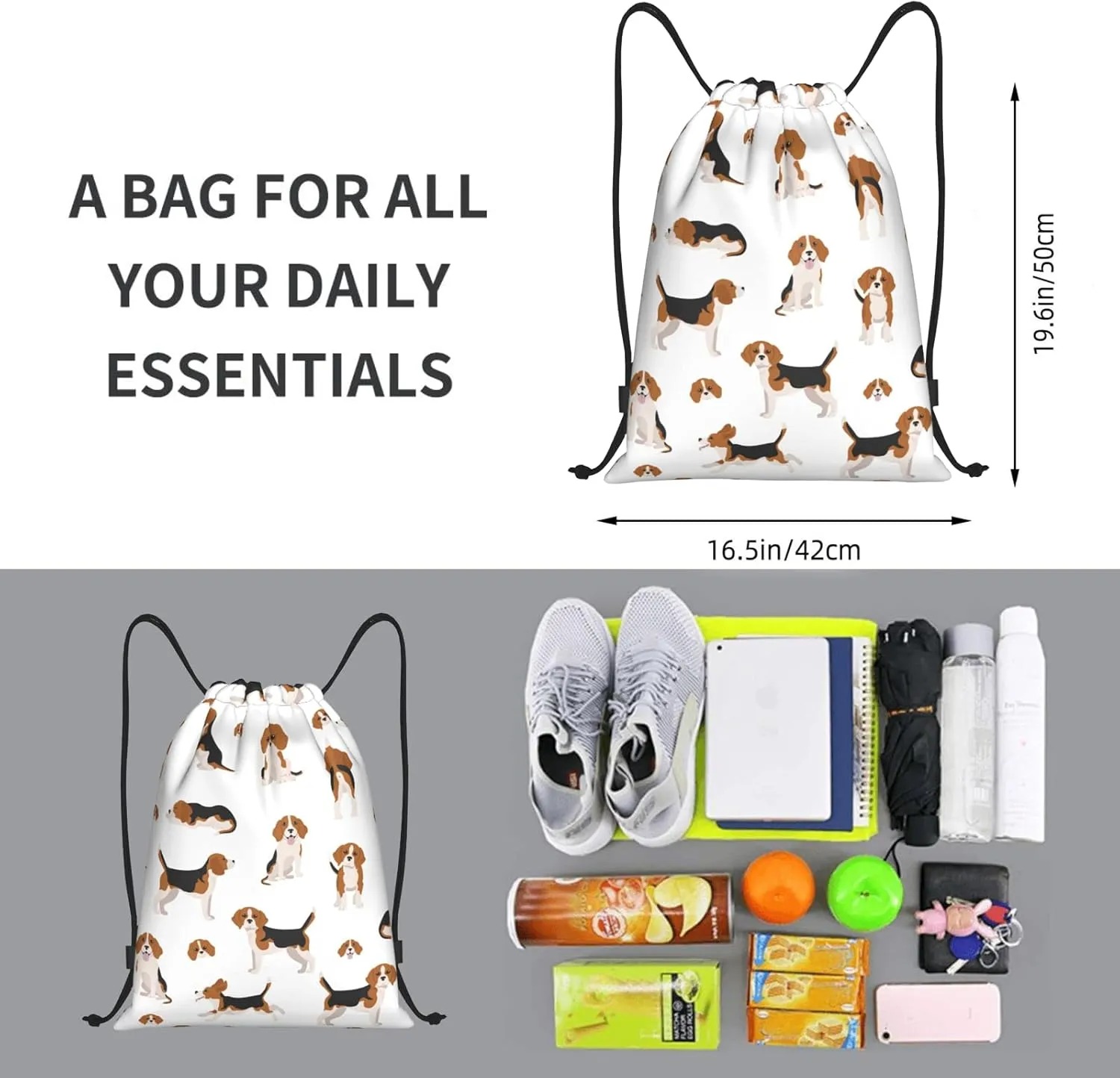 Beagle Dog Drawstring Backpack Gym Bag Water Resistant Lightweight Sackpack Gift for Hiking Yoga Swimming Travel Beach Shopping