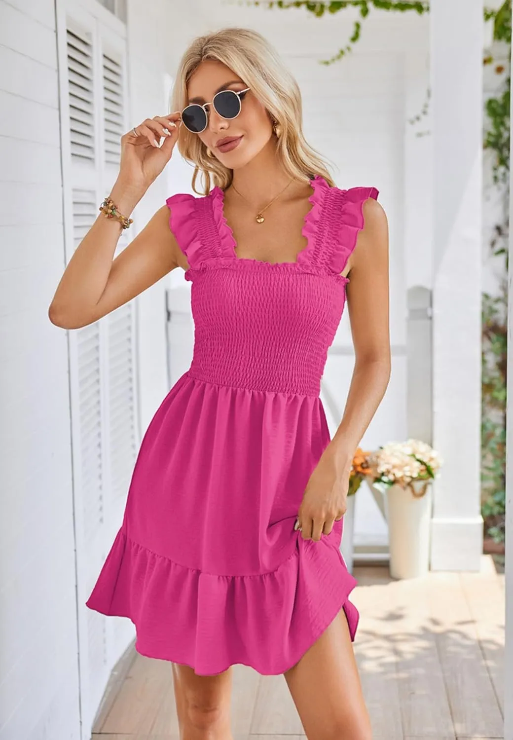 Beautiful Nomad Women's Summer Square Neck Smocked Ruffle Backless Dress Casual Boho Mini Short Dresses