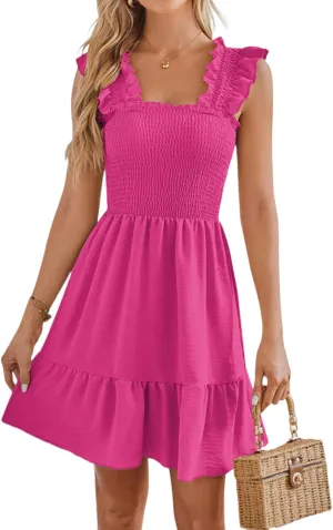 Beautiful Nomad Women's Summer Square Neck Smocked Ruffle Backless Dress Casual Boho Mini Short Dresses