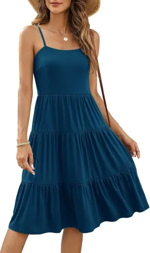 Berydress Womens Summer Dresses Spaghetti Strap Tiered Midi Dress Wedding Guest Ruffle Cotton Black Casual Beach Sun Dress