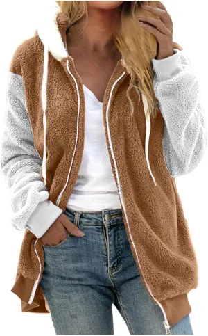 Binmer Womens Warm Fuzzy Zip Up Hoodie Plus Size Sherpa Jacket with Pocket Colorblock Long Sleeve Faux Fur Fleece Winter Coat