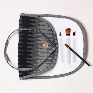 Black - Ikat Fabric Multipurpose Segmented Make-up Brush Wrap Pouch/Case