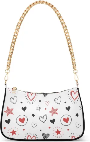 Black Red Heart Star Shoulder Handbags for Women Travel Hobo Tote Handbag Women Gold Chain Shoulder Bags Purse with Zipper Closure