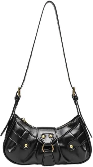 Black Shoulder Bag Y2K Purse Trending Pleated Hobo Half Moon Crossbody Purses 90's Rivet Punk Underarm Women Handbag (Black)