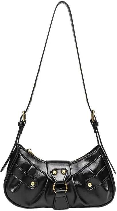 Black Shoulder Bag Y2K Purse Trending Pleated Hobo Half Moon Crossbody Purses 90's Rivet Punk Underarm Women Handbag (Black)