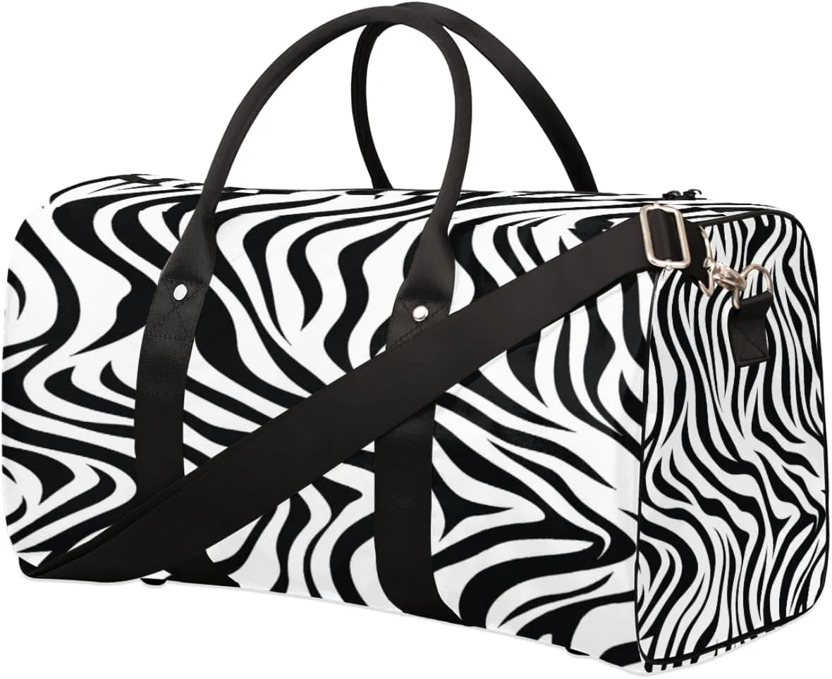 Black White Zebra Print Travel Duffel Bag for Women Men, Abstract Texture Sport Tote Gym Bag Foldable Weekender Overnight Bag Waterproof Carry On Luggage Bag