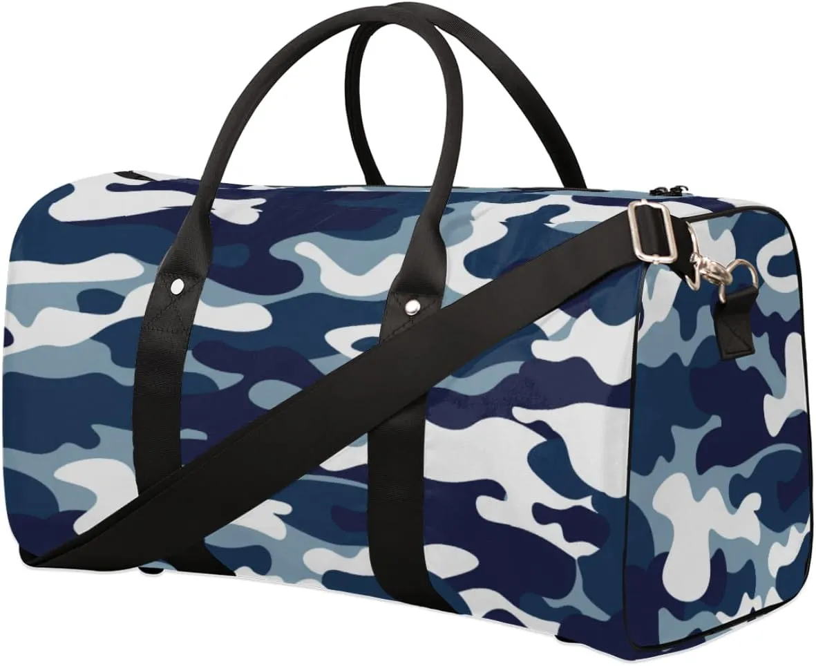 Blue Camouflage Travel Duffel Bag for Women Men, Navy Camo Sport Tote Gym Bag Foldable Weekender Overnight Bag Waterproof Carry On Luggage Bag