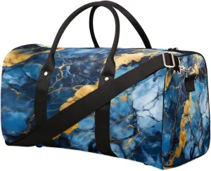 Blue Golden Marble Travel Duffel Bag for Women Men, Marble Texture Sport Tote Gym Bag Foldable Weekender Overnight Bag Waterproof Carry On Luggage Bag