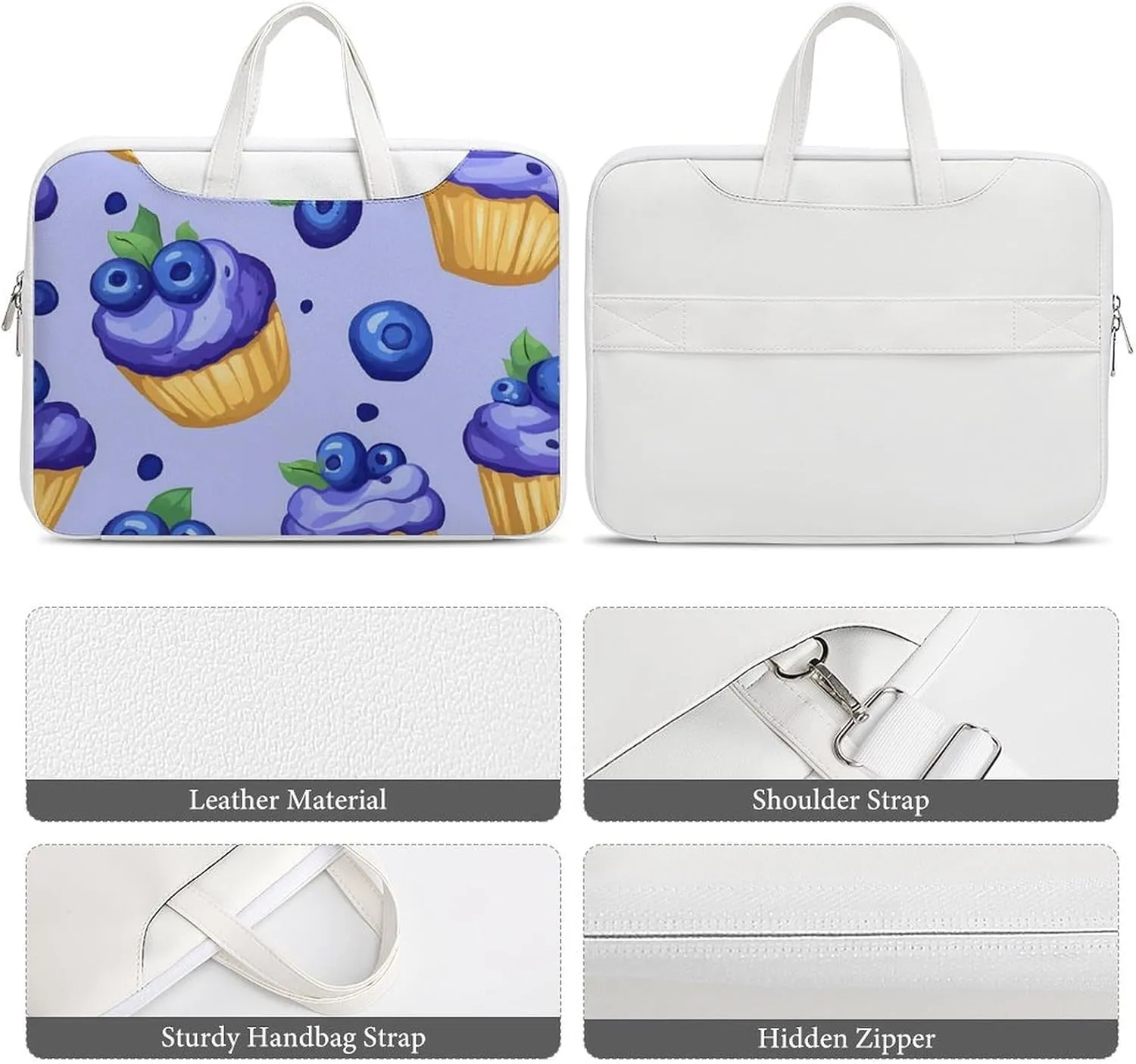 Blueberry Muffin Cupcakes Leather Bag Laptop Case Slim Water Resistant Computer Bags with Handle Briefcase for Work
