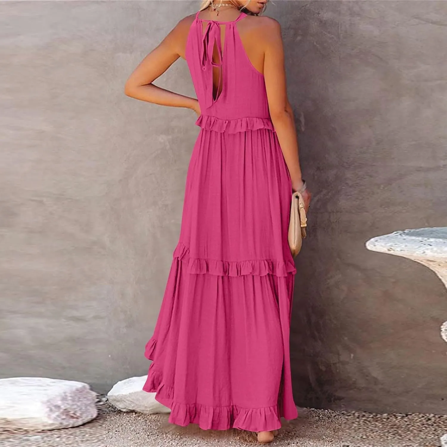 Boho Dresses for Women,2025 Summer Flowy Ruffle Tiered Swing Smocked Beach Sundress,Sleeveless Halter Maxi Dress