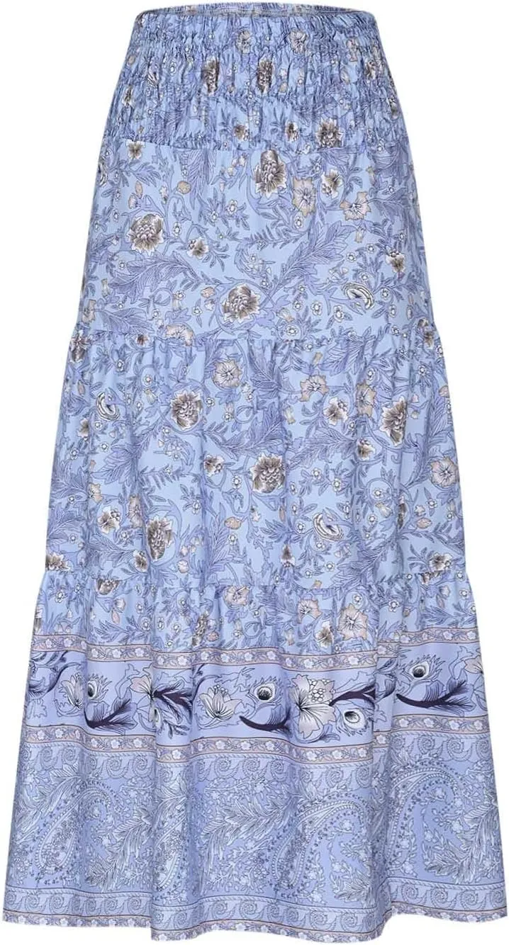 Boho Floral Pleated Long Skirts for Women Summer Casual Elastic High Waisted Skirts A-Line Flowy Swing Maxi Skirt