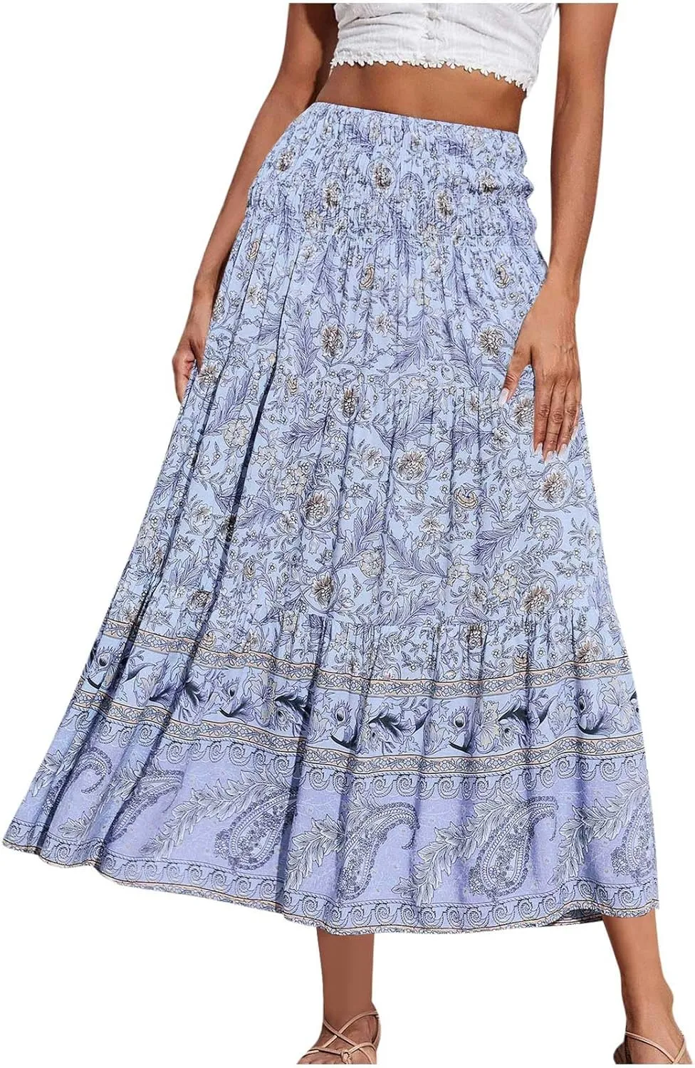 Boho Floral Pleated Long Skirts for Women Summer Casual Elastic High Waisted Skirts A-Line Flowy Swing Maxi Skirt