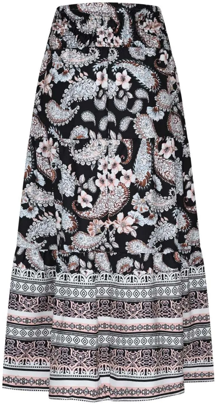 Boho Floral Pleated Long Skirts for Women Summer Casual Elastic High Waisted Skirts A-Line Flowy Swing Maxi Skirt