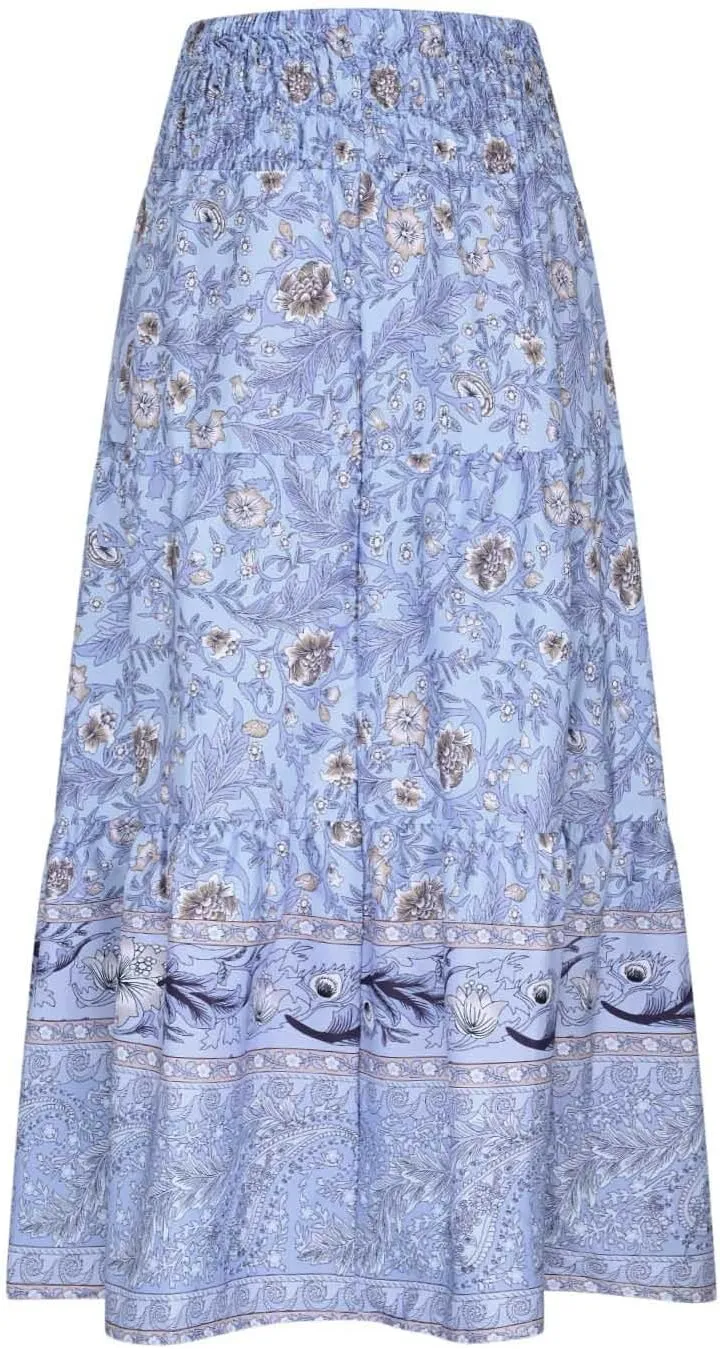 Boho Floral Pleated Long Skirts for Women Summer Casual Elastic High Waisted Skirts A-Line Flowy Swing Maxi Skirt