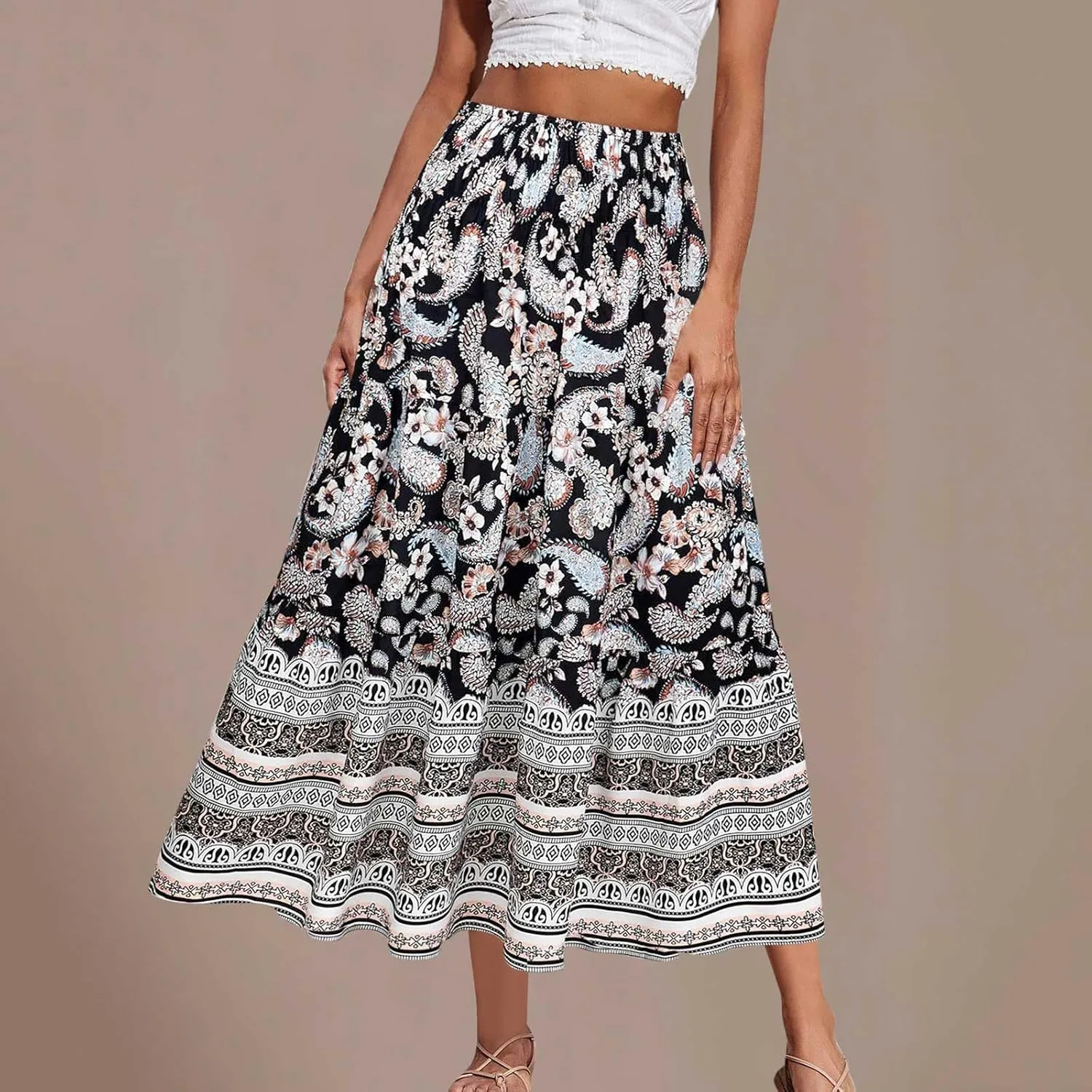 Boho Floral Pleated Long Skirts for Women Summer Casual Elastic High Waisted Skirts A-Line Flowy Swing Maxi Skirt