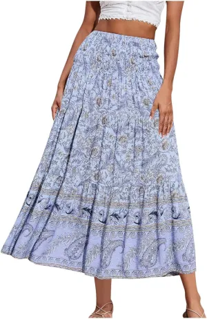 Boho Floral Pleated Long Skirts for Women Summer Casual Elastic High Waisted Skirts A-Line Flowy Swing Maxi Skirt