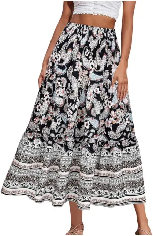 Boho Floral Pleated Long Skirts for Women Summer Casual Elastic High Waisted Skirts A-Line Flowy Swing Maxi Skirt