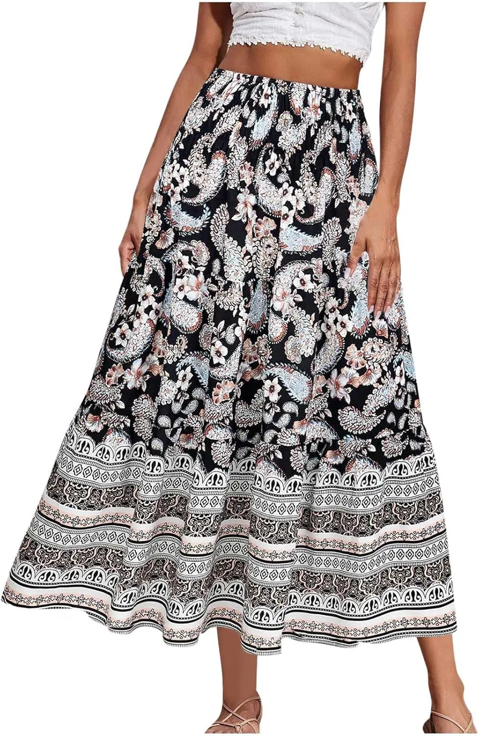 Boho Floral Pleated Long Skirts for Women Summer Casual Elastic High Waisted Skirts A-Line Flowy Swing Maxi Skirt