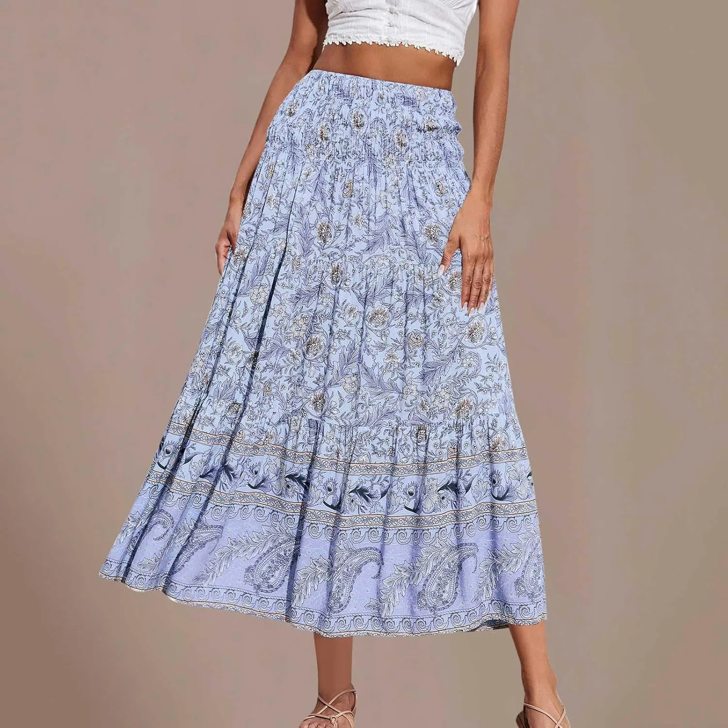 Boho Floral Pleated Long Skirts for Women Summer Casual Elastic High Waisted Skirts A-Line Flowy Swing Maxi Skirt