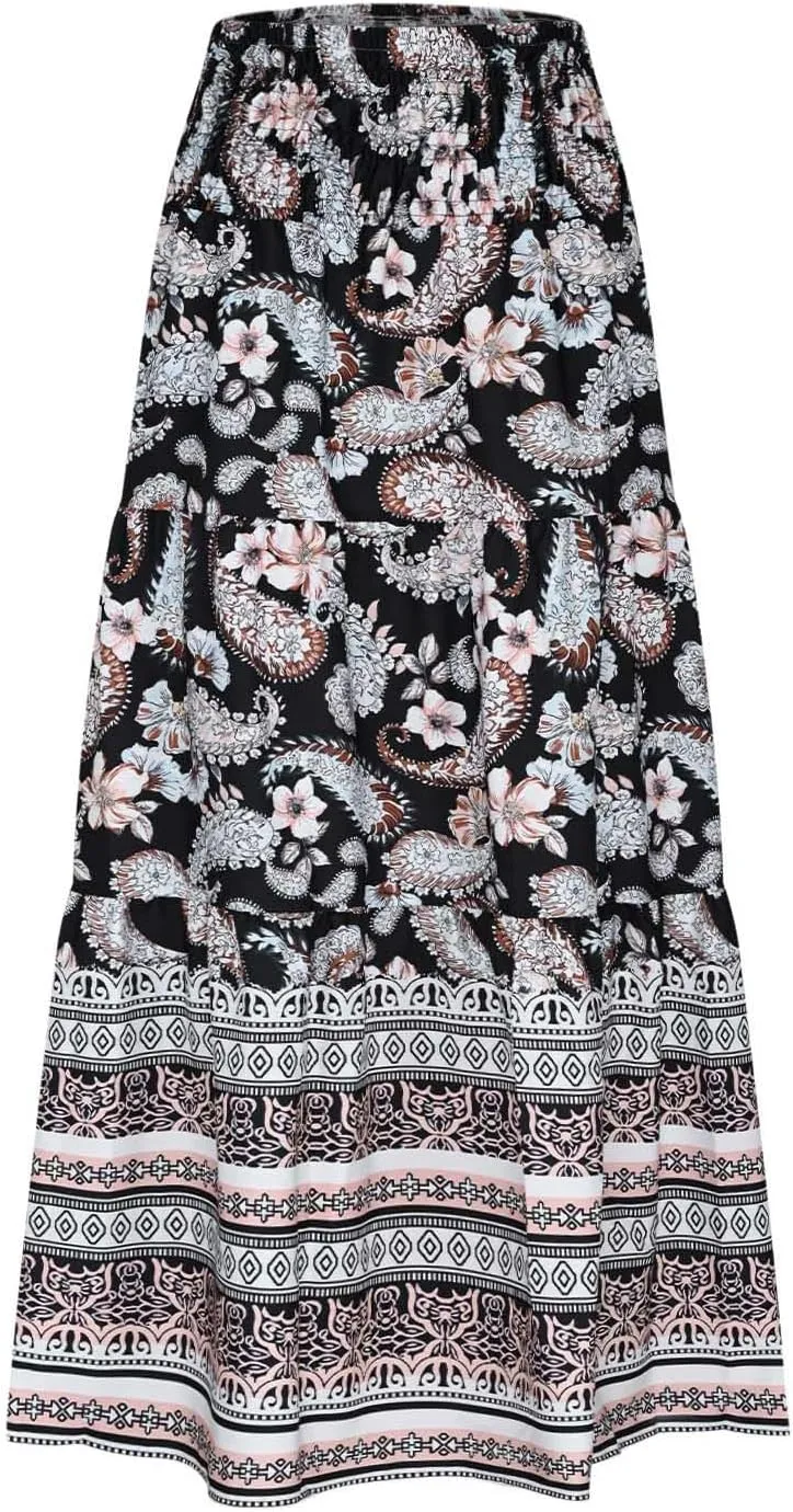 Boho Floral Pleated Long Skirts for Women Summer Casual Elastic High Waisted Skirts A-Line Flowy Swing Maxi Skirt