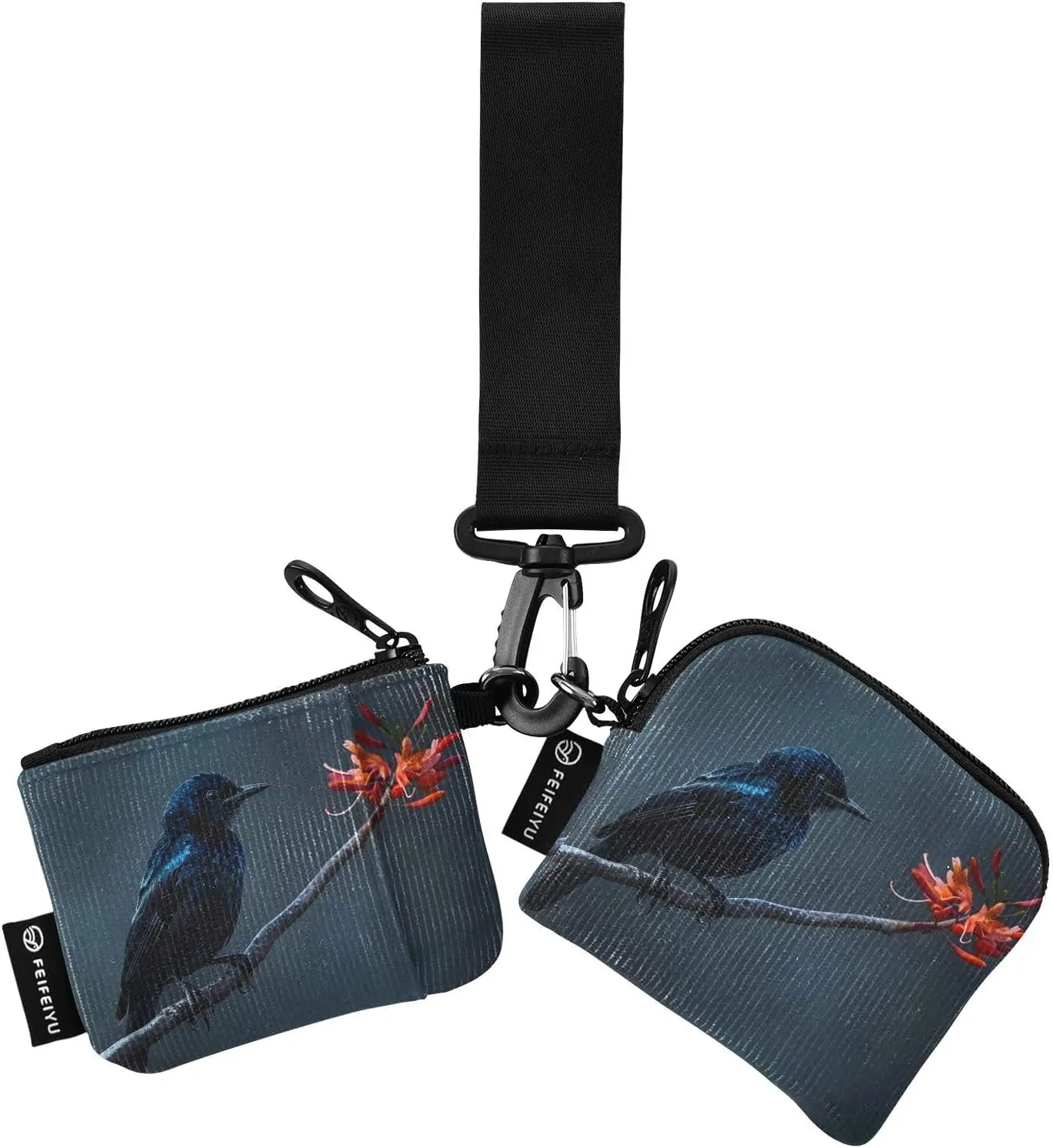 Bolaz Mini Zip Around Wristlet Wallet for WomenDetachable Dual Pouch Card Wallet for Sports Outdoor Men Travel-Bird Black