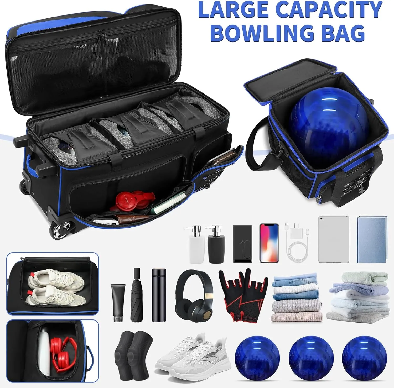 BOSSTIN 3-4 Ball Bowling Bags with Wheels, Secure Hook & Loop Fixed Ball Cup & Shoe Compartment (Fits Up to Size 16), Roller with Multi-Pockets