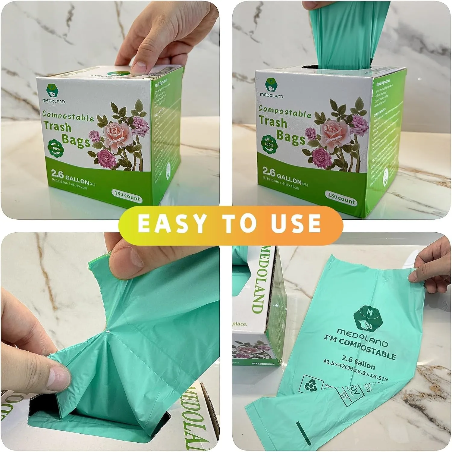 BPI Certified Compostable Trash Bags 13Gallon (30 Count) - 3X Thicker Than Regular, Leak & Tear Resistant for Kitchen/Garden/Food Waste, 90-Day Breakdown in Home/Industrial Use, 0.91mils Plant-Based