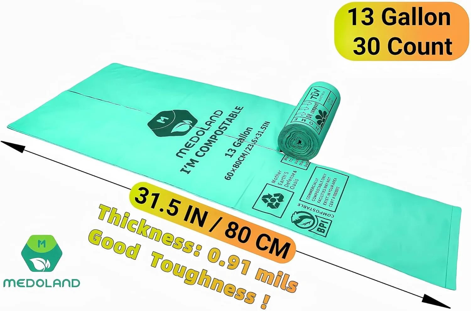 BPI Certified Compostable Trash Bags 13Gallon (30 Count) - 3X Thicker Than Regular, Leak & Tear Resistant for Kitchen/Garden/Food Waste, 90-Day Breakdown in Home/Industrial Use, 0.91mils Plant-Based