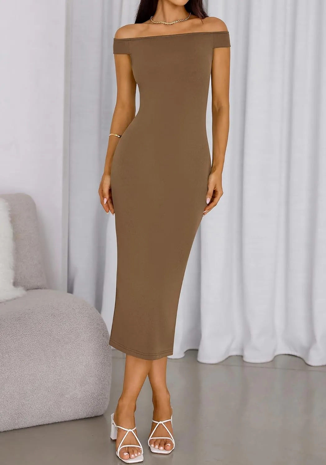 BTFBM Summer Dresses for Women 2025 Midi Off The Shoulder Sleeveless Split Knit Slim Fit Cocktail Party Going Out Dress