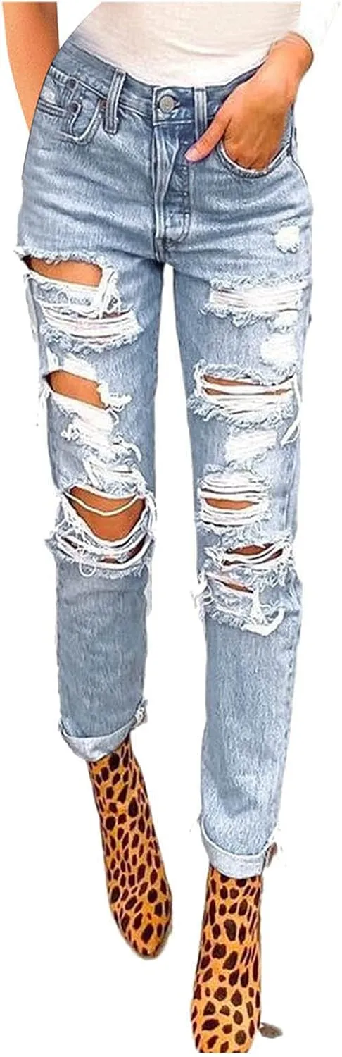 Button Denim Jeans Pants Waist Pocket Elastic Slim High Denim Pants Women Zipper plus Size Trendy Trousers Hole Women's Jeans