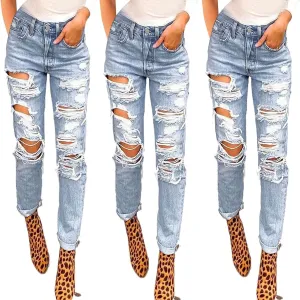 Button Denim Jeans Pants Waist Pocket Elastic Slim High Denim Pants Women Zipper plus Size Trendy Trousers Hole Women's Jeans
