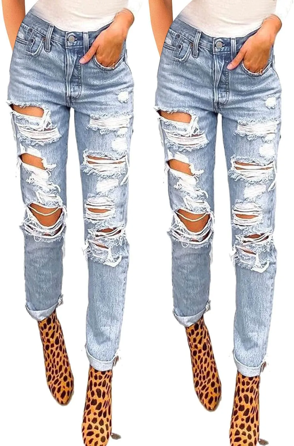 Button Denim Jeans Pants Waist Pocket Elastic Slim High Denim Pants Women Zipper plus Size Trendy Trousers Hole Women's Jeans