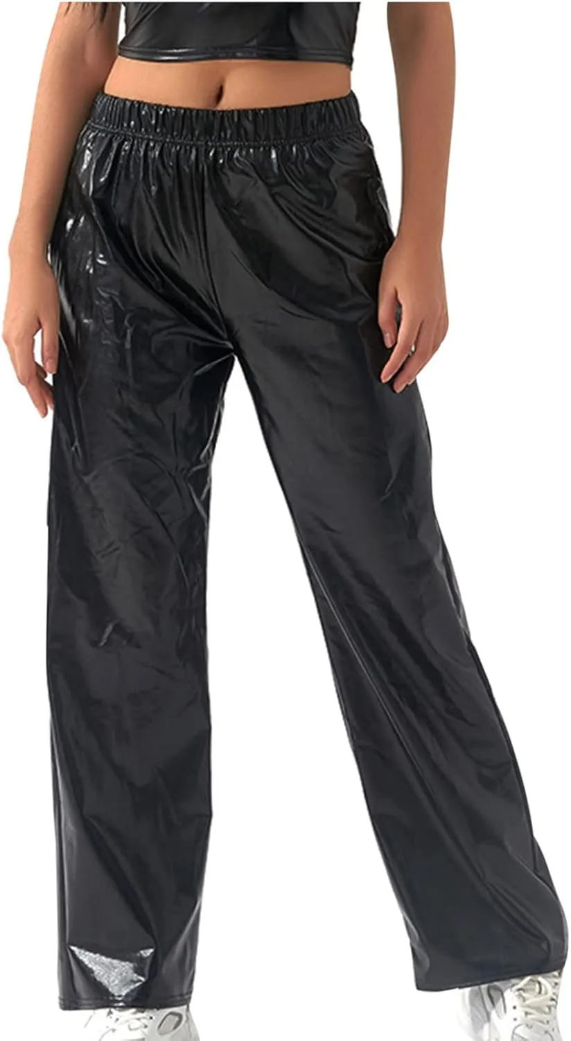 BZGTZT Women's Shiny Metallic High Waist Stretchy Jogger Pants, Wet Look Hip Hop Club Wear Holographic Trousers Sweatpant