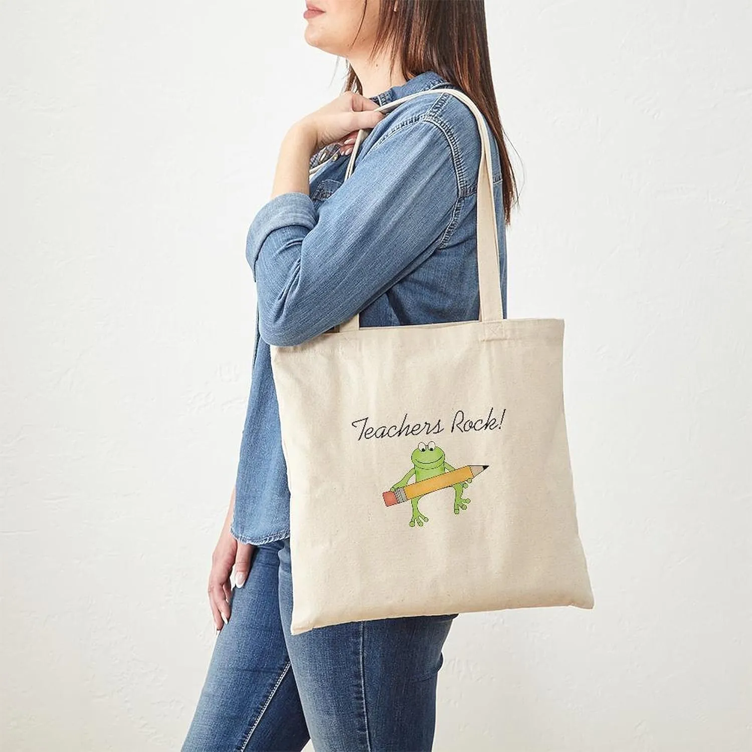 CafePress Frog Teachers Rock Tote Bag Reusable Natural Beige Canvas Shopping Bag