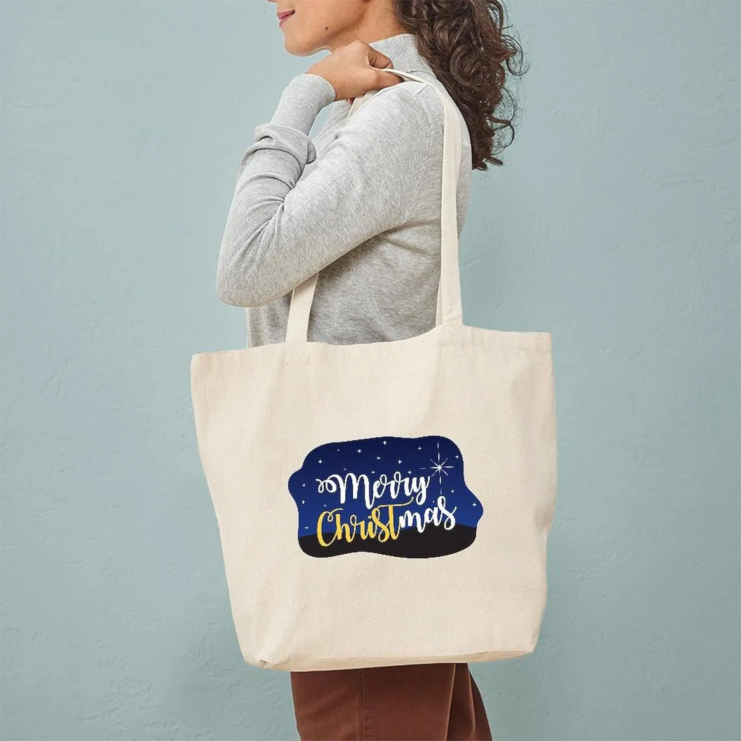 CafePress Merry Christmas Starry Tote Bag Reusable Natural Beige Canvas Shopping Bag