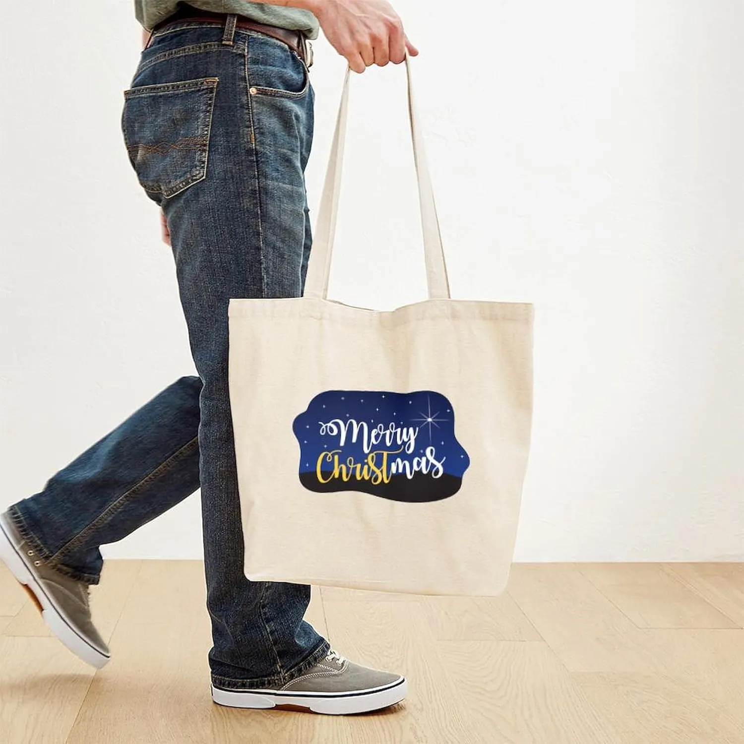 CafePress Merry Christmas Starry Tote Bag Reusable Natural Beige Canvas Shopping Bag
