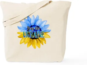 CafePress Pray For Ukraine Blue And Yellow Sunflower Canvas Reusable Natural Beige Canvas Shopping Bag