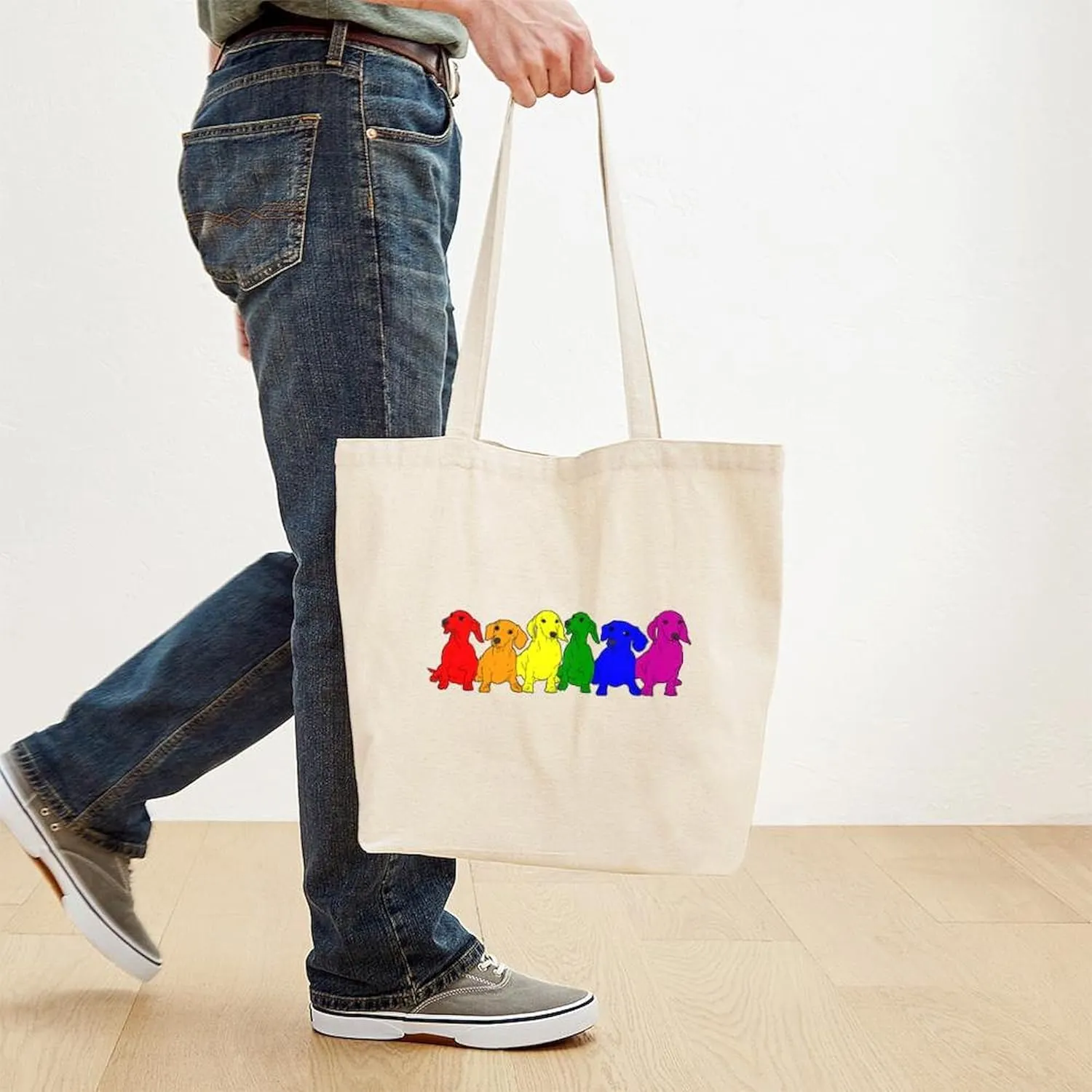 CafePress Rainbow Dachshunds Tote Bag Reusable Natural Beige Canvas Shopping Bag