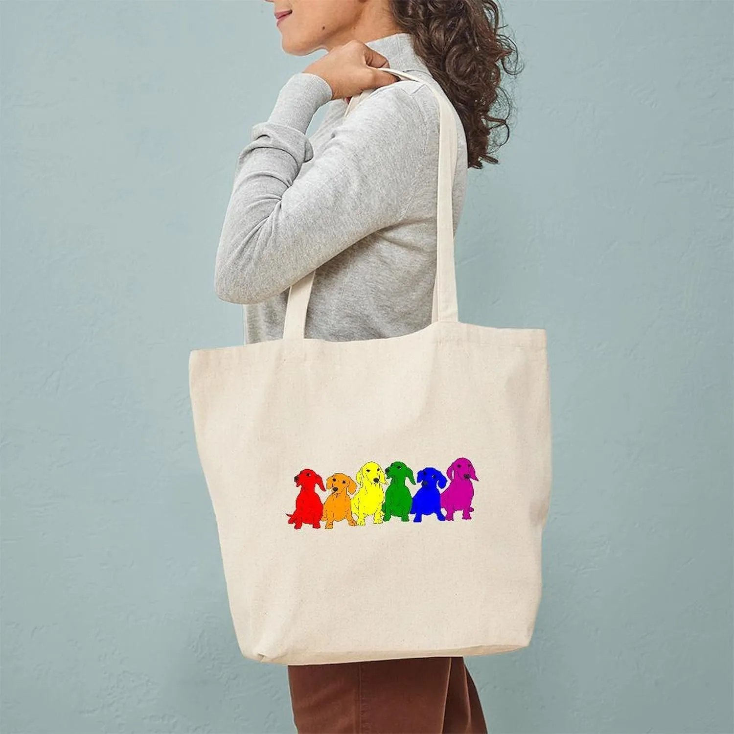 CafePress Rainbow Dachshunds Tote Bag Reusable Natural Beige Canvas Shopping Bag
