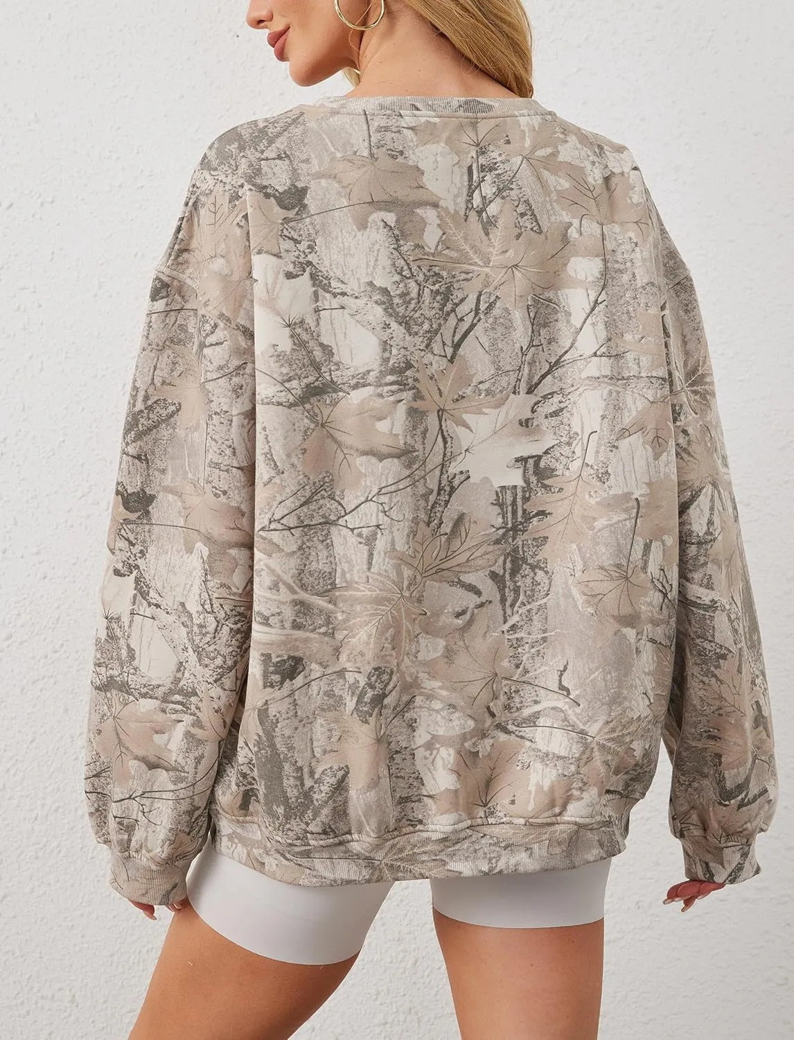 Camo Sweatshirt For Women Maple Leaf Print Hoodies Crew Neck Oversized Long Sleeve Drop Shoulder Pullovers