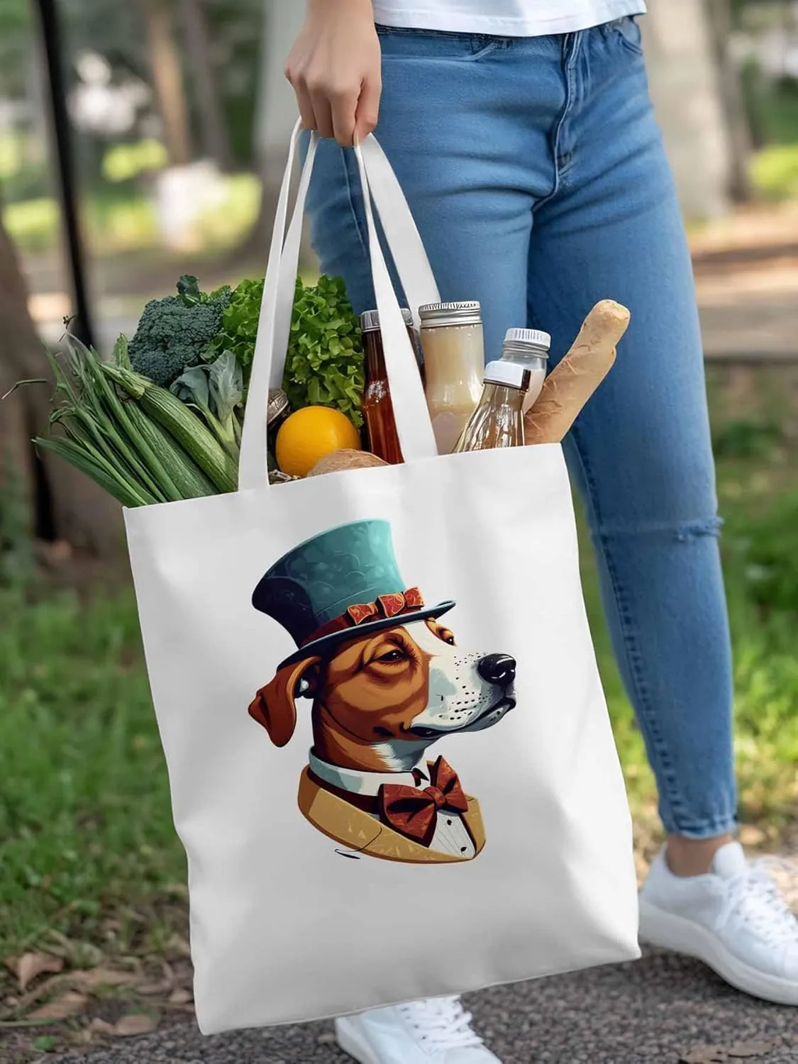 Canvas Tote Bag, Brown Dog with Hat Aesthetic Canvas Tote Handbags for Women Shoulder Bag,