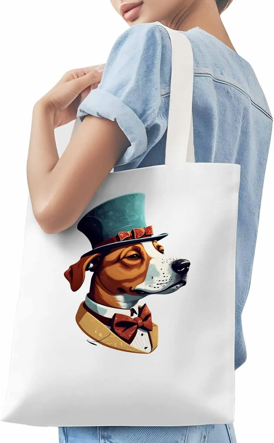 Canvas Tote Bag, Brown Dog with Hat Aesthetic Canvas Tote Handbags for Women Shoulder Bag,