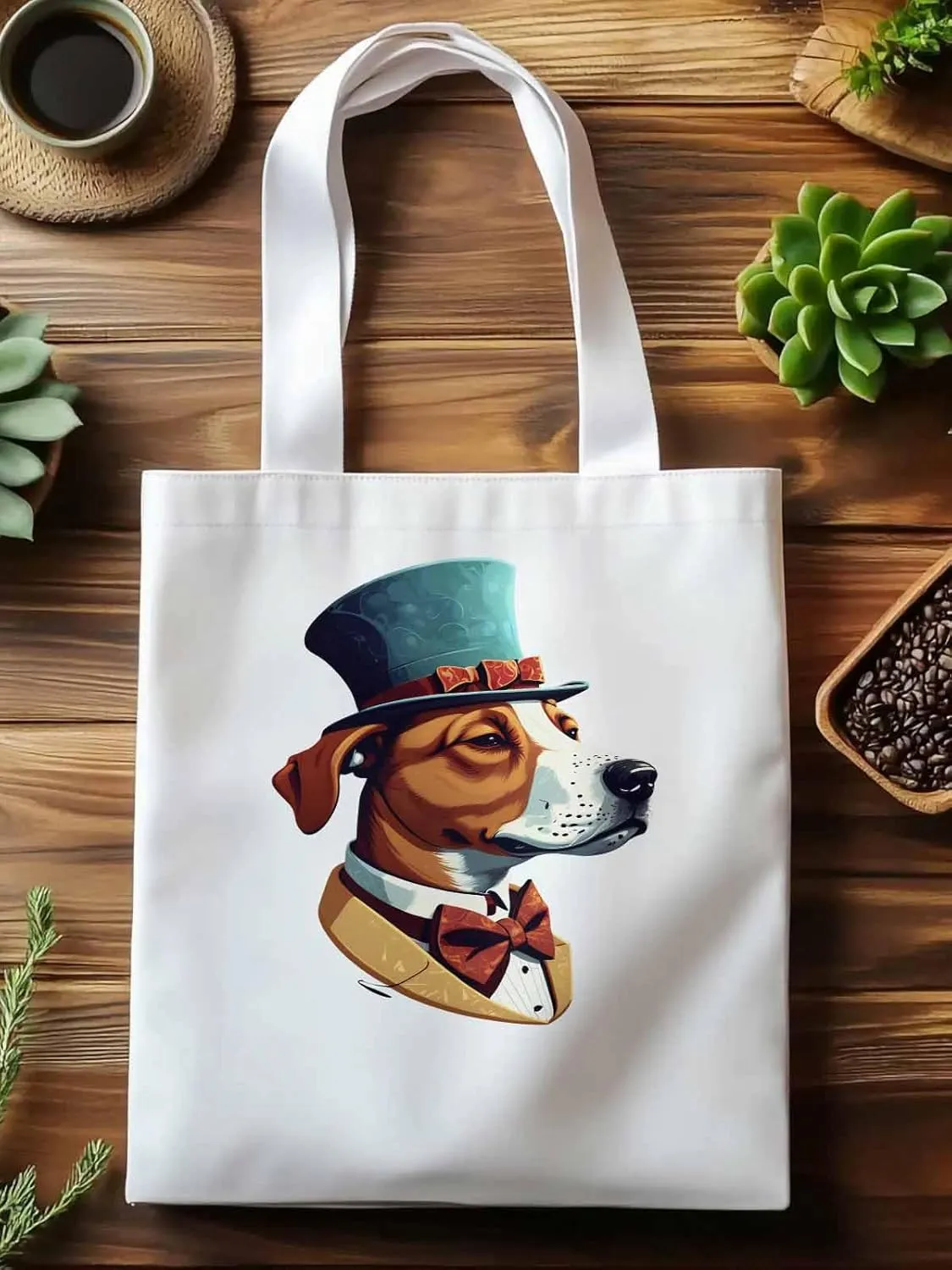 Canvas Tote Bag, Brown Dog with Hat Aesthetic Canvas Tote Handbags for Women Shoulder Bag,