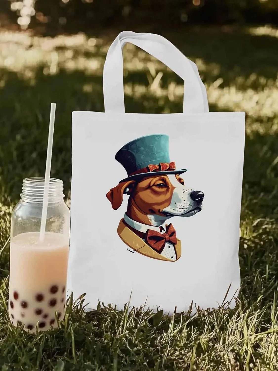 Canvas Tote Bag, Brown Dog with Hat Aesthetic Canvas Tote Handbags for Women Shoulder Bag,