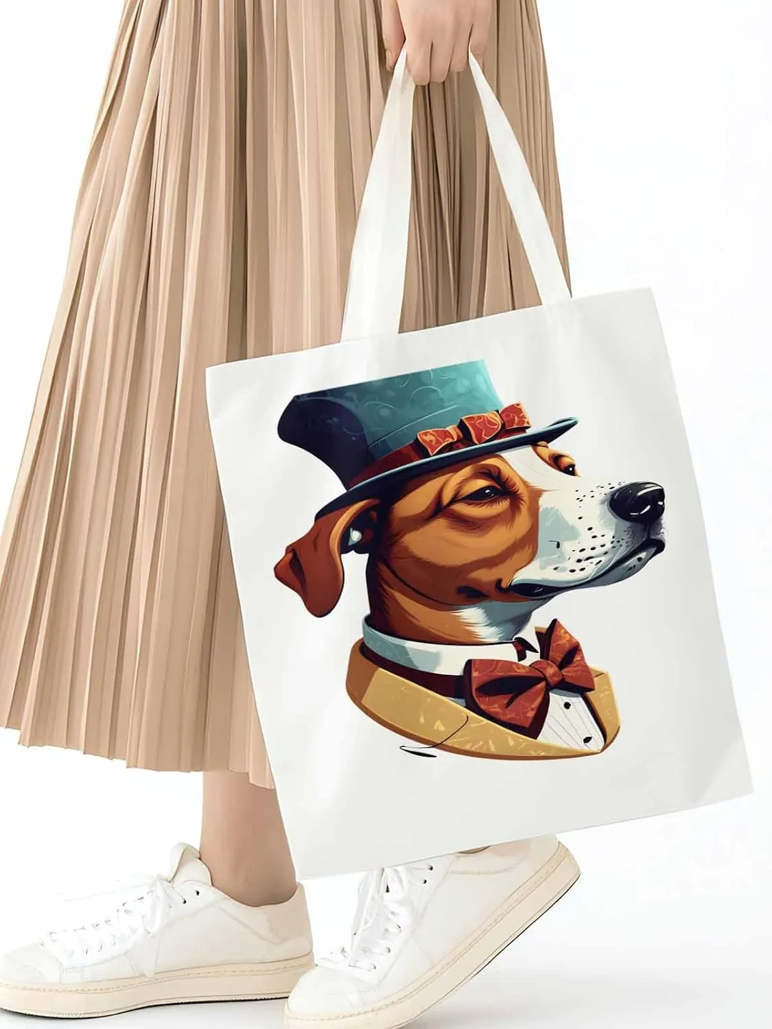Canvas Tote Bag, Brown Dog with Hat Aesthetic Canvas Tote Handbags for Women Shoulder Bag,