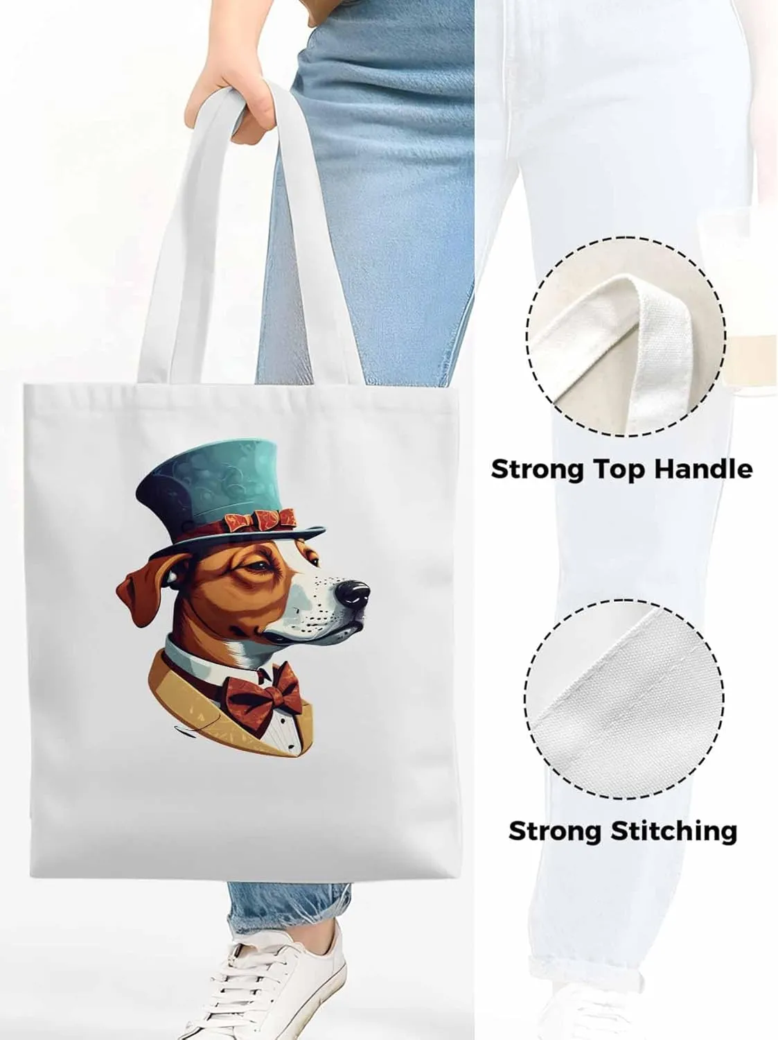 Canvas Tote Bag, Brown Dog with Hat Aesthetic Canvas Tote Handbags for Women Shoulder Bag,